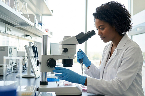 A professional is focused intently while using a sophisticated microscope, adjusting a micropipette.