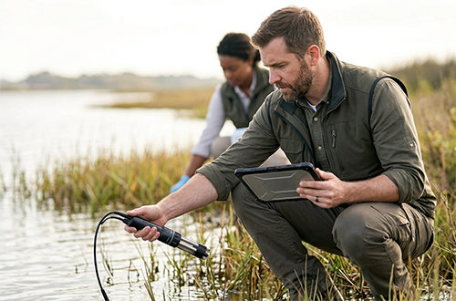 A professional in technical field gear is crouching at the edge of a coastal wetland marsh.
