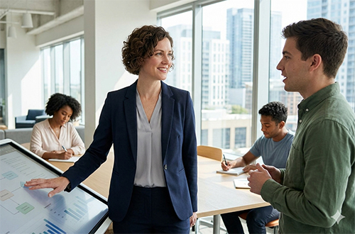 A confident professional leading a small team strategy session or reviewing operational workflows on a tablet or a collaborative screen.