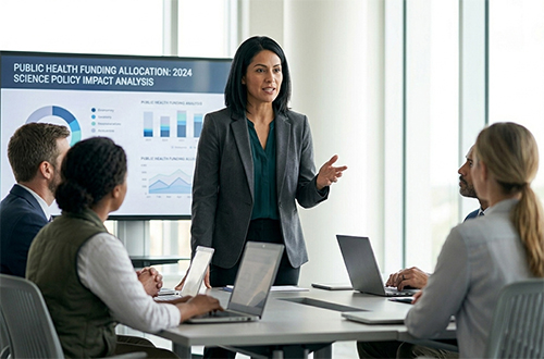 A professional is standing, speaking authoritatively while mid-gesture in a contemporary, sunlit conference room.