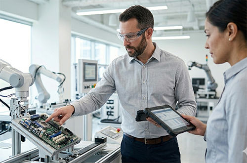 A supervisor—perhaps holding a rugged tablet or reviewing a digital blueprint—pointing out a detail or guiding a technician through a complex process.