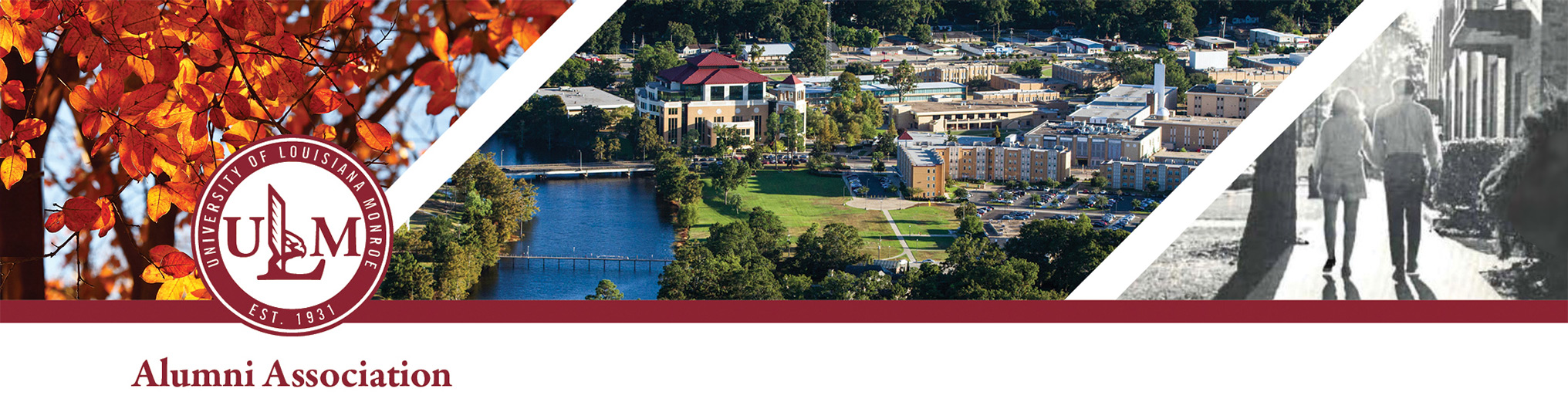 ULM Alumni Association banner featuring fall leaves, an aerial view of campus, and alumni walking.