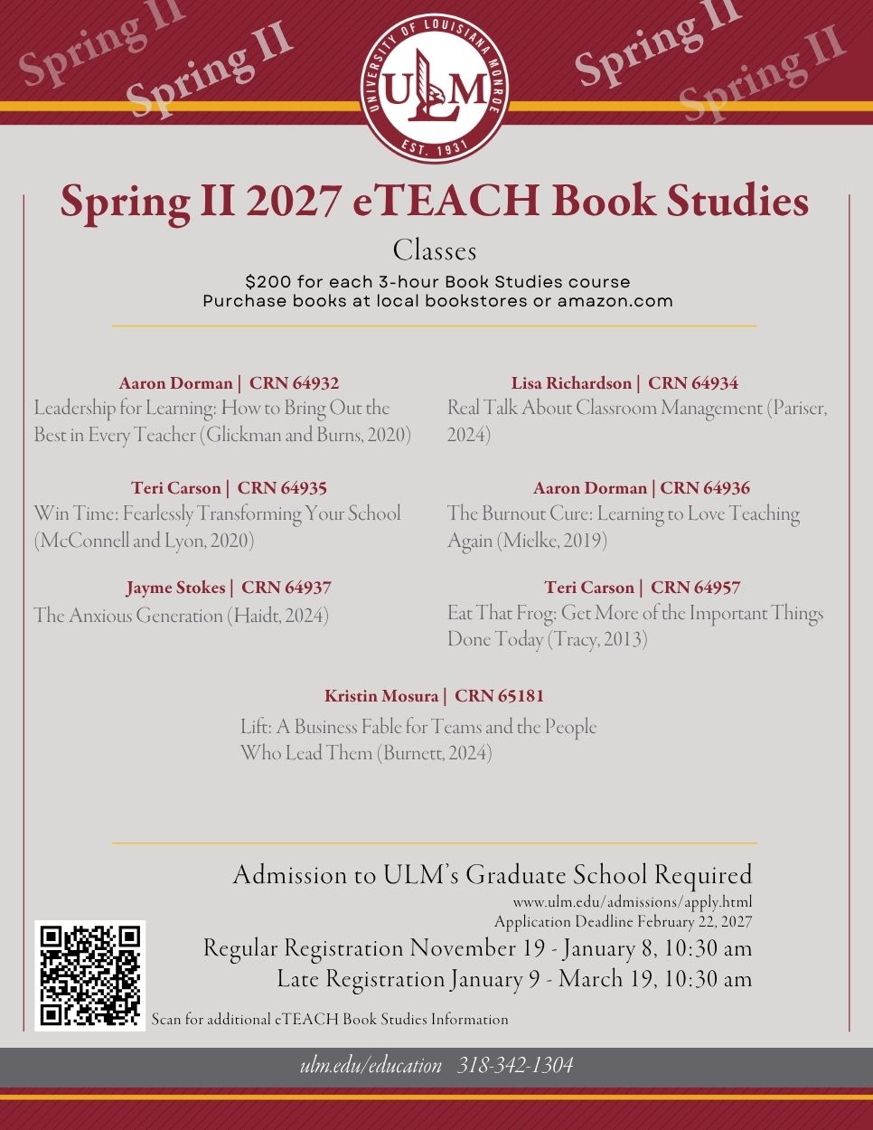 This flyer announces the Spring II 2027 eTEACH Book Studies classes at the University of Louisiana at Monroe, listing course titles, instructors, and required textbook purchases. The program offers non-degree graduate credit toward a Louisiana Department of Education add-on endorsement for practicing teachers.