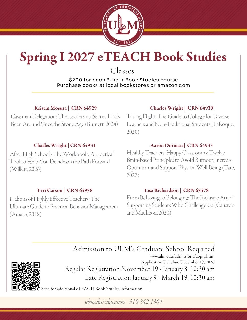 This flyer announces the Spring I 2027 eTEACH Book Studies classes at the University of Louisiana at Monroe, listing course titles, instructors, and required purchase of books. The program offers graduate credit opportunities for practicing teachers seeking to earn a +30 endorsement.