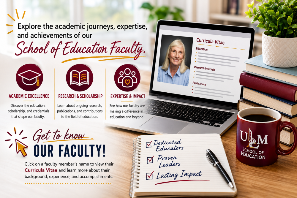 a promotional graphic for the University of Louisiana Monroe School of Education faculty, featuring a laptop displaying a curriculum vitae