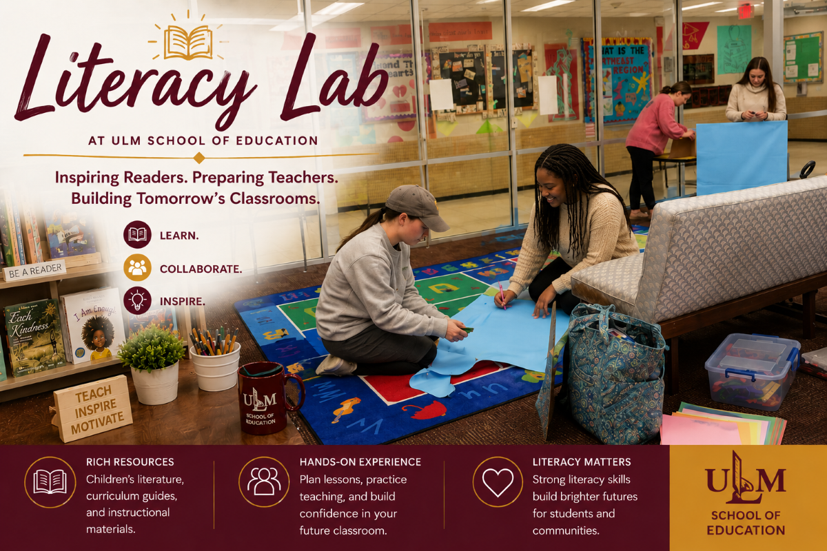 Literacy Lab at the University of Louisiana Monroe School of Education, featuring students working on a project on the rug