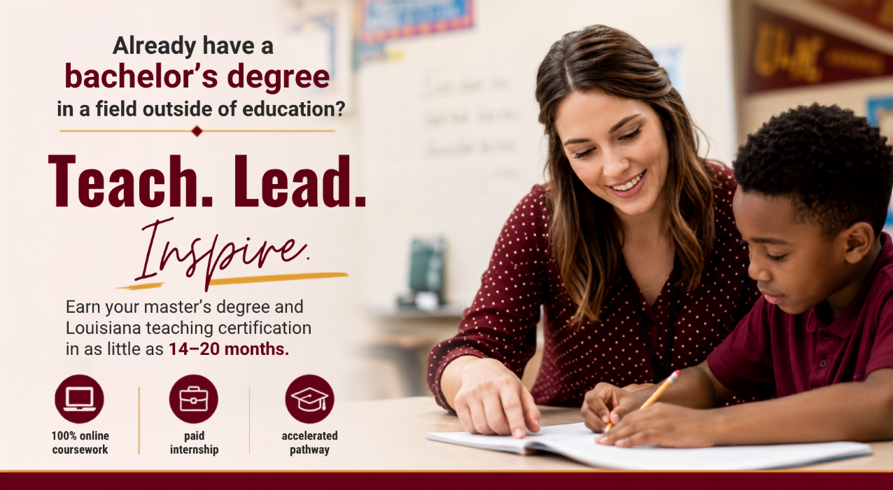 advertisement for a Louisiana teaching certification program featuring a woman in a maroon polka-dot top assisting a young student with schoolwork