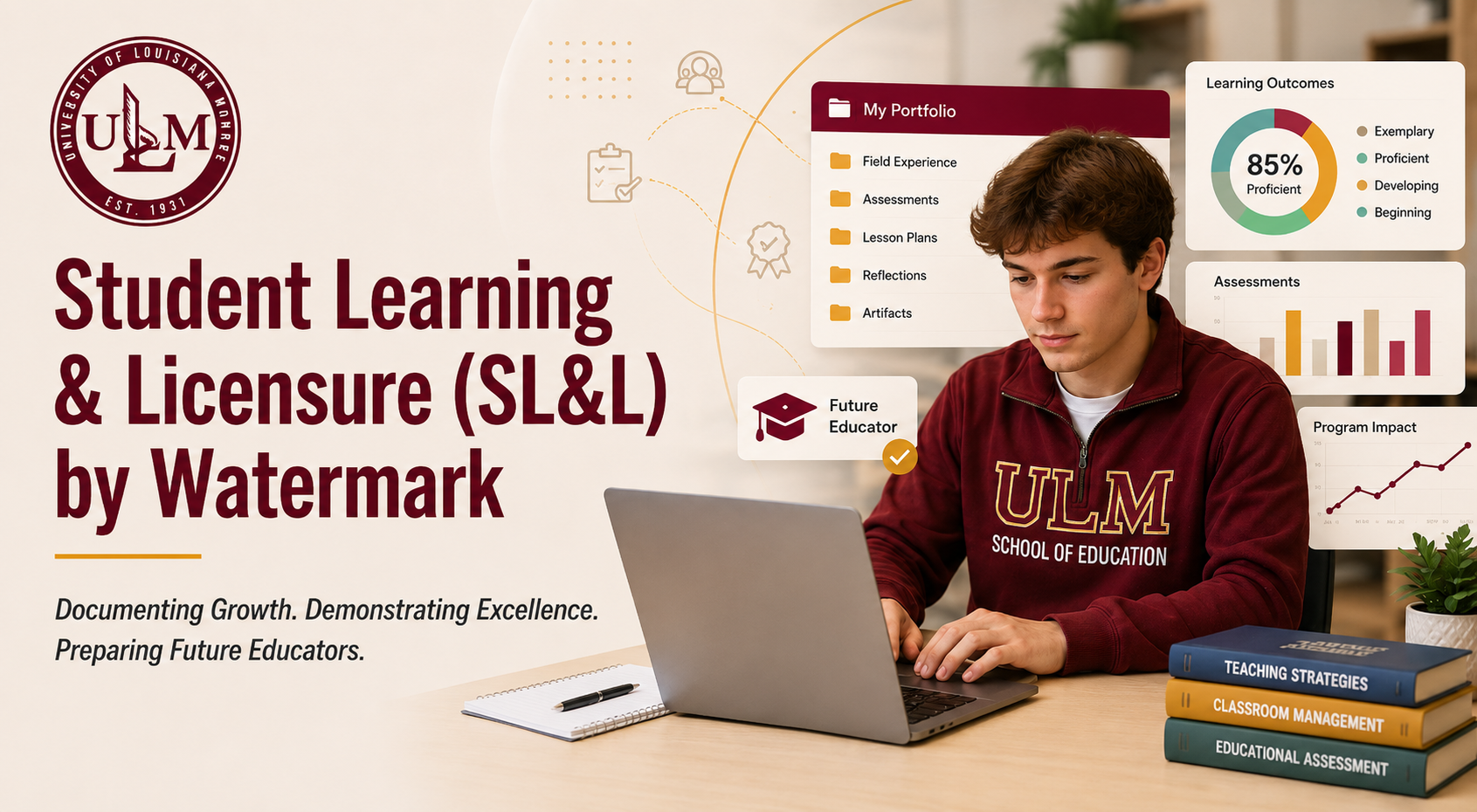 University of Louisiana Monroe (ULM) School of Education promoting its use of the Watermark "Student Learning & Licensure" platform