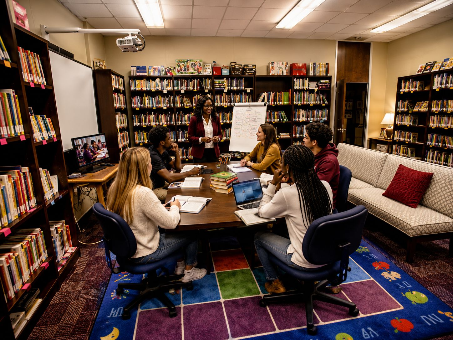 individuals are gathered around a table with a laptop, books, and notebooks, suggesting a collaborative or interactive workshop