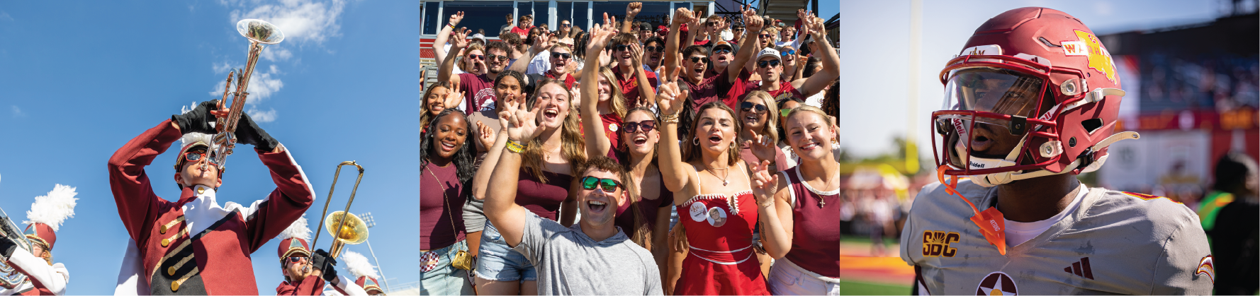ULM band member playing trumpet, students in maroon shirts cheer at a football game, football player on field