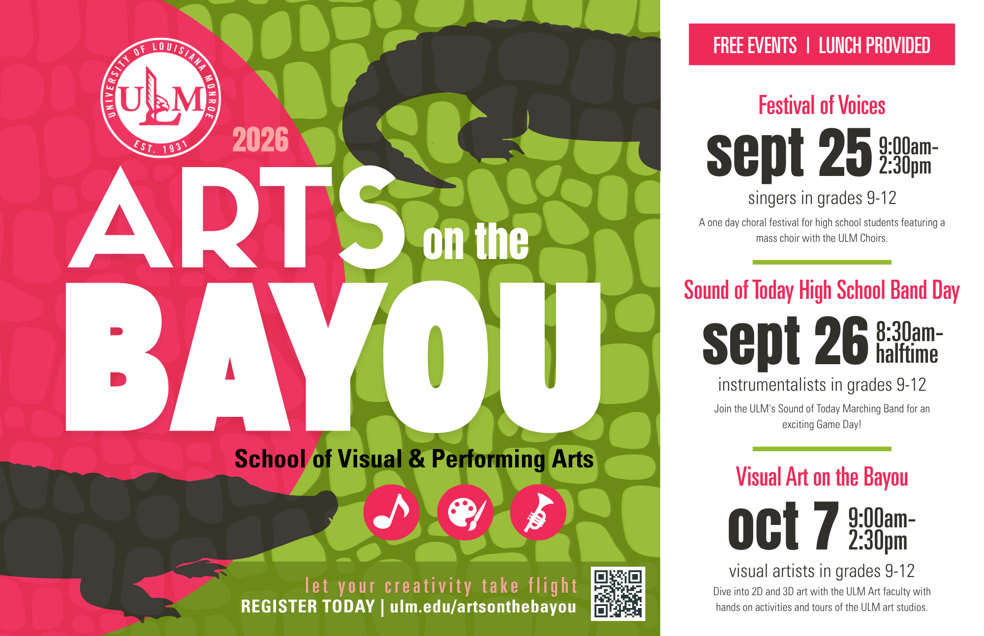 2026 Arts on the Bayou Poster with two alligators on a pink and green background. Festival of Voices is on September 25, High School Band Day is on September 26, and Visual Arts on the Bayou is on October 7.