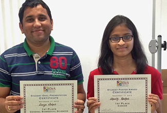 ULM pharmacy students Ameya Gokahle (left) and Shanthi Kanthala show off their first place awards. sample