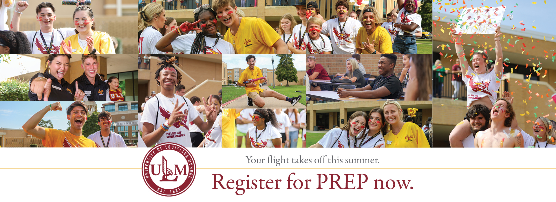 Collage of students in matching PREP orientation shirts participating in games, cheering, group activities, and campus events while showing excitement, fun, and school spirit.