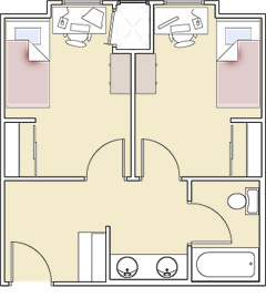Floor plan of University Suites showing two private-occupancy rooms with shared central bathroom and entryway.